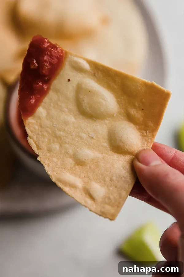 A single, perfectly air-fried almond flour tortilla chip, golden and crispy, gently scooped with a dollop of fresh, vibrant red salsa. This close-up highlights the delightful texture and ideal dip compatibility.