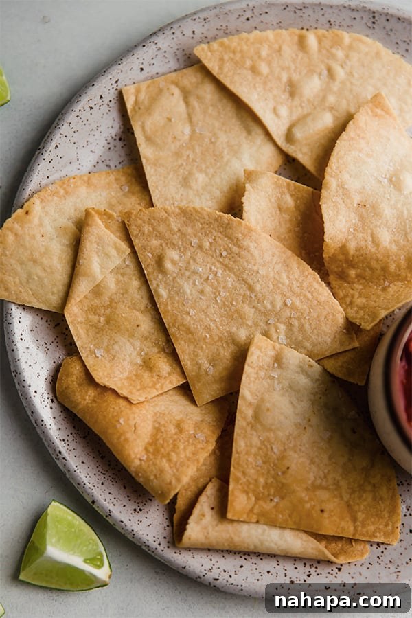A clean white plate showcasing a generous serving of perfectly golden almond flour tortilla chips, expertly air-fried and ready for dipping. The image emphasizes their crisp texture and appetizing appearance, ideal for a healthy snack or appetizer spread.