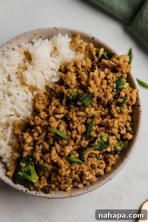 A beautifully presented bowl of ground orange chicken with rice, ready to be enjoyed.