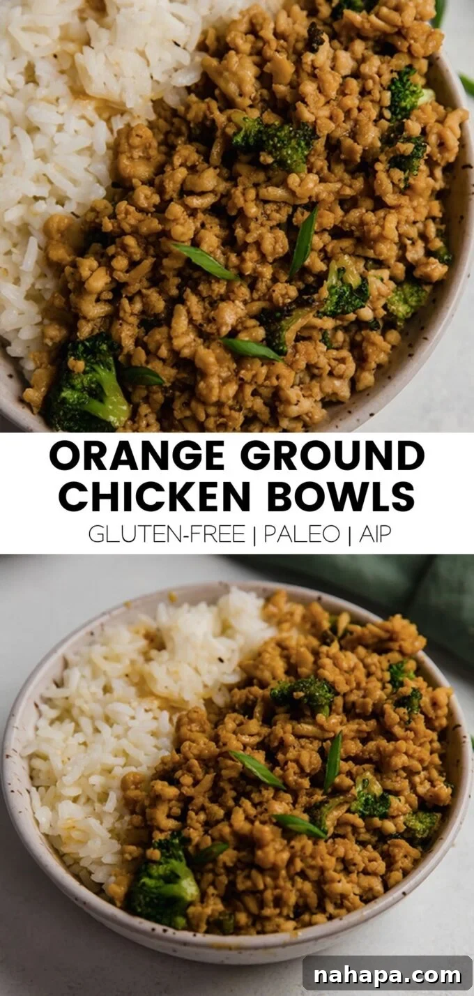 Pinterest graphic promoting ground orange chicken bowls recipe.