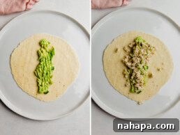 Wholesome Paleo Gluten-Free Ground Turkey Avocado Taquitos 10 A tortilla filled with avocado and ground turkey mixture before rolling.