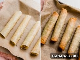 Wholesome Paleo Gluten-Free Ground Turkey Avocado Taquitos 11 Baked taquitos on a baking sheet, golden and crispy.