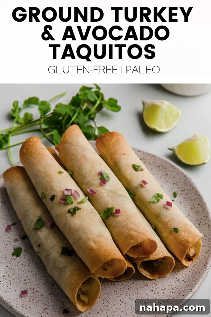 Wholesome Paleo Gluten-Free Ground Turkey Avocado Taquitos 12 A final presentation image of the Ground Turkey and Avocado Taquitos, garnished and ready to serve.