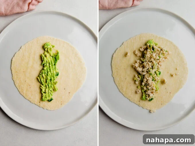 Wholesome Paleo Gluten-Free Ground Turkey Avocado Taquitos 5 A grain-free tortilla filled with creamy avocado and savory ground turkey mixture, ready to be rolled into a taquito.