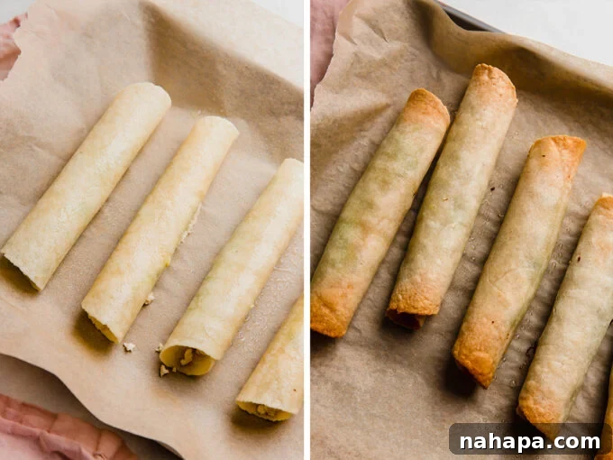 Wholesome Paleo Gluten-Free Ground Turkey Avocado Taquitos 6 Two rows of taquitos on a baking sheet: one before baking, showing the light tortillas, and one after baking, showing golden, crispy taquitos.