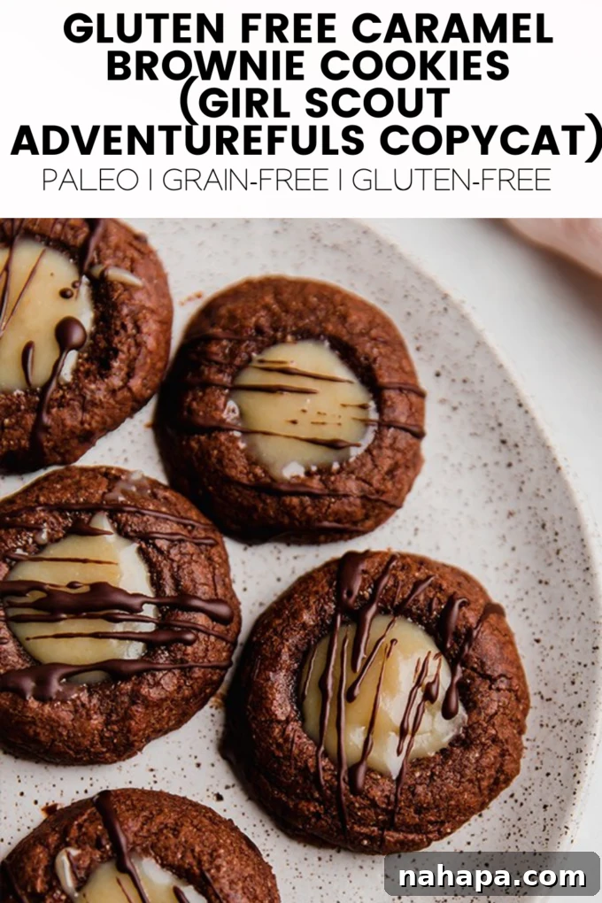 Adventureful Inspired Gluten Free Caramel Brownie Cookies 11 A graphic promoting the Adventurefuls copycat recipe.