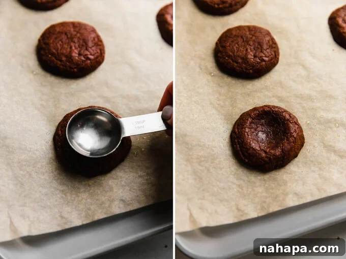 Adventureful Inspired Gluten Free Caramel Brownie Cookies 4 Brownie cookies on a baking sheet, showing before and after creating the indent.