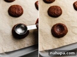 Adventureful Inspired Gluten Free Caramel Brownie Cookies 9 Brownie cookies on a baking sheet, showing before and after creating the indent.