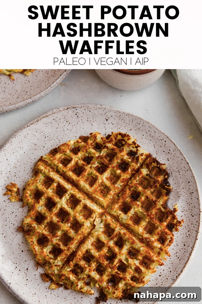 A large, appealing graphic advertising sweet potato hashbrown waffles, with text overlay.
