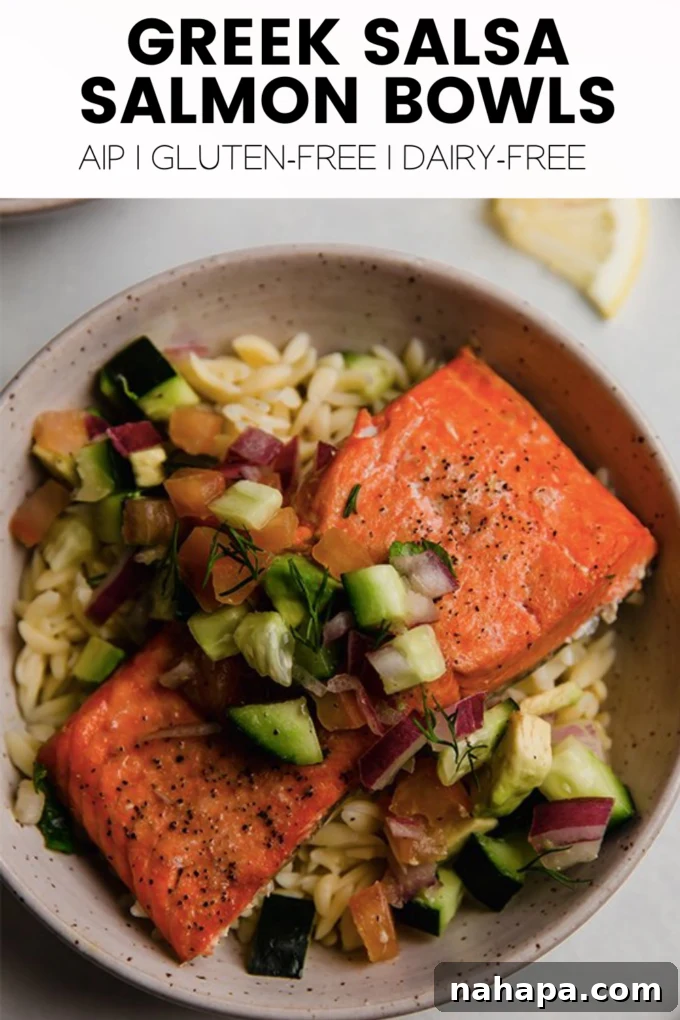 A final, mouth-watering shot of the Greek Salsa Salmon Bowl, highlighting its freshness.