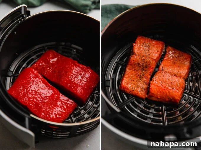 Before and after comparison of salmon fillets cooked to perfection in the air fryer.