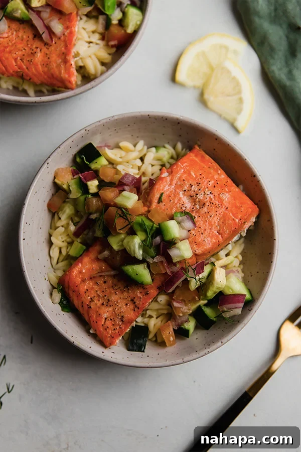 A beautifully presented Greek Salsa Salmon Bowl, ready to be savored.