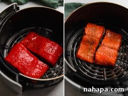 Salmon fillets before and after air frying.