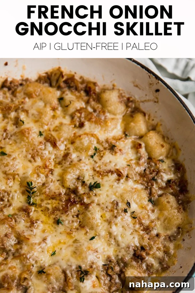 A large, visually appealing banner image of French Onion Gnocchi Skillet, ideal for Pinterest sharing.