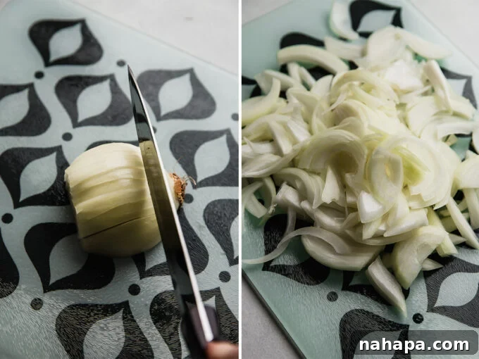 A step-by-step guide on how to slice an onion for caramelization.