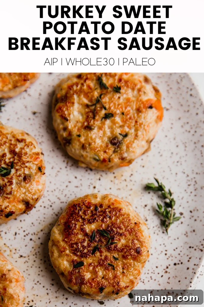 A visually appealing graphic titled 'Turkey Sweet Potato Date Breakfast Sausage' highlighting its key features: Paleo, AIP, and Whole30 compliant.