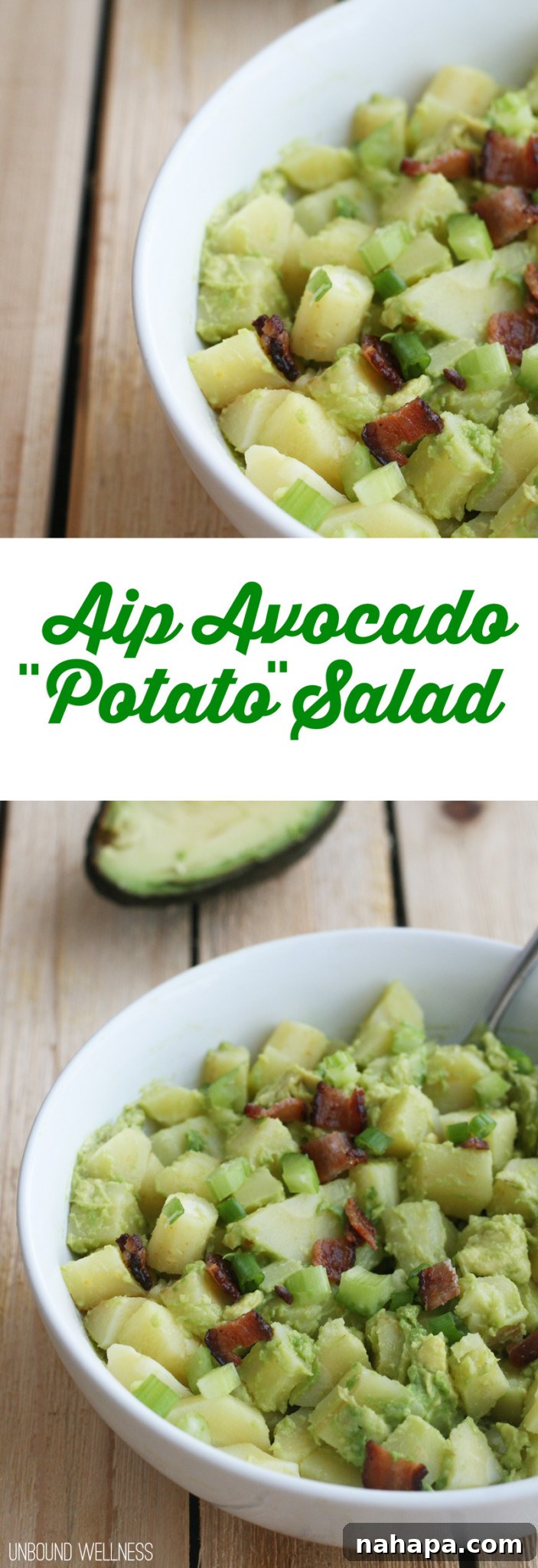 Finished AIP Avocado "Potato" Salad in a serving bowl, garnished with fresh herbs.