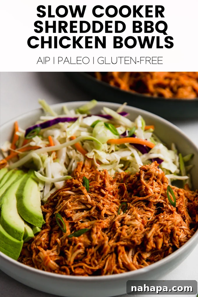 A beautifully presented graphic promoting Slow Cooker Shredded BBQ Chicken Bowls, emphasizing its ease and health benefits.
