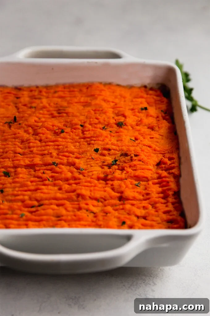 Sweet potato shepherd's pie after baking, golden and bubbly.