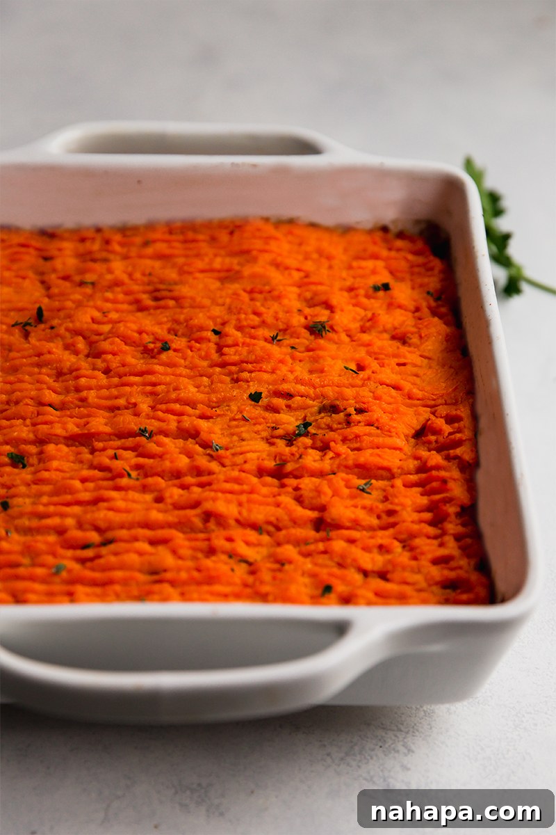 A delicious Sweet Potato Shepherd's Pie, freshly baked and ready to serve.
