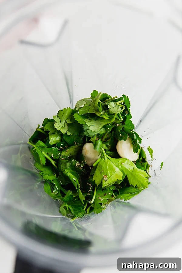 All the fresh ingredients for avocado chimichurri, including herbs, avocado, garlic, and oil, in a blender.