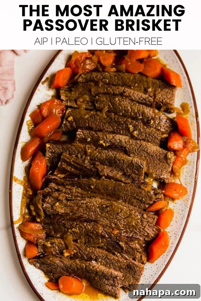 Unforgettable Passover Brisket 7 A high-quality hero image of a delectable Passover Brisket, showcasing its tenderness and rich sauce, perfect for a festive meal.