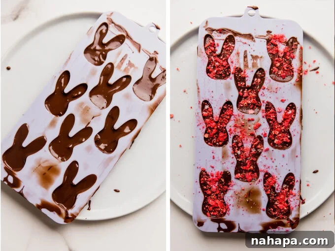 Silicone bunny molds filled with melted dairy-free chocolate, topped with strawberries and salt, chilling to harden.