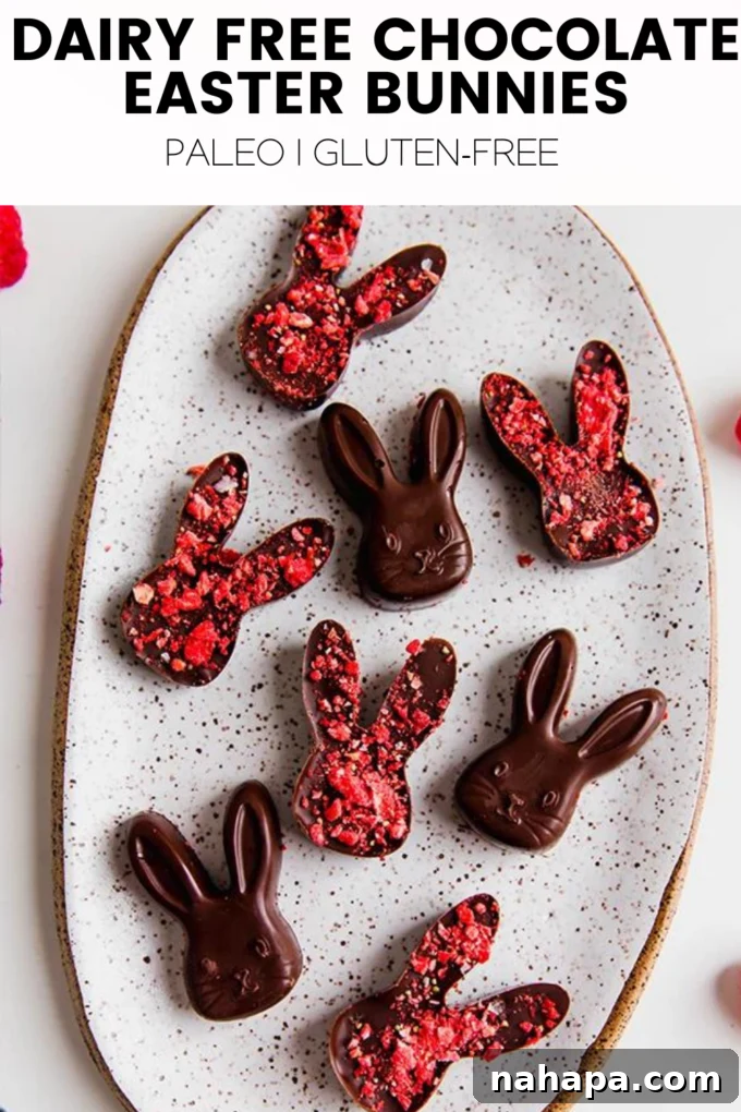 A vibrant collage image featuring various dairy-free chocolate Easter bunny creations.