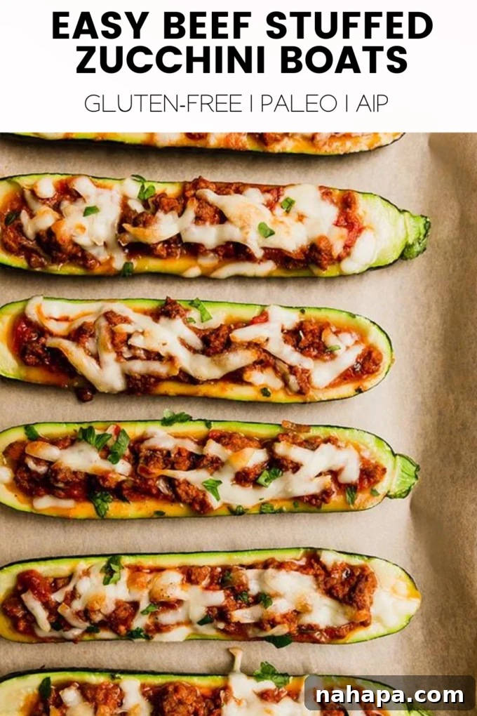 Loaded Beef Zucchini Boats 4 Beef Stuffed Zucchini Boats finished product image.
