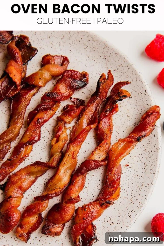 Golden Bacon Spirals 6 A large image of finished oven bacon twists on a plate.