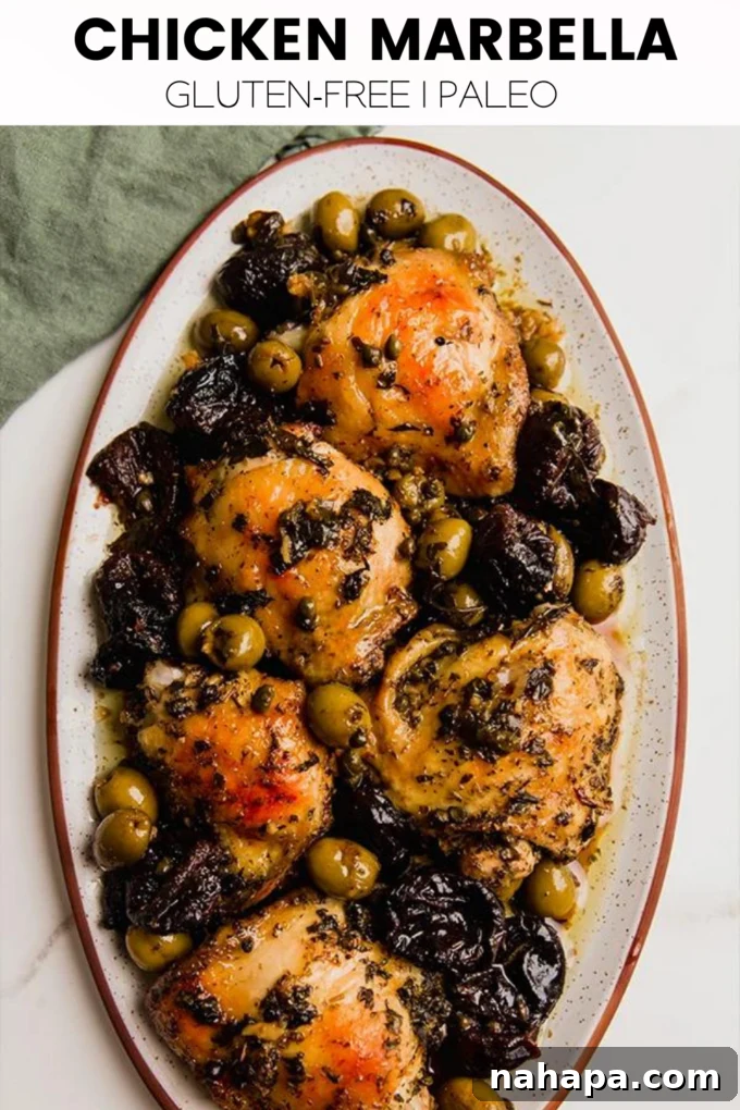 An informational graphic for Chicken Marbella recipe.