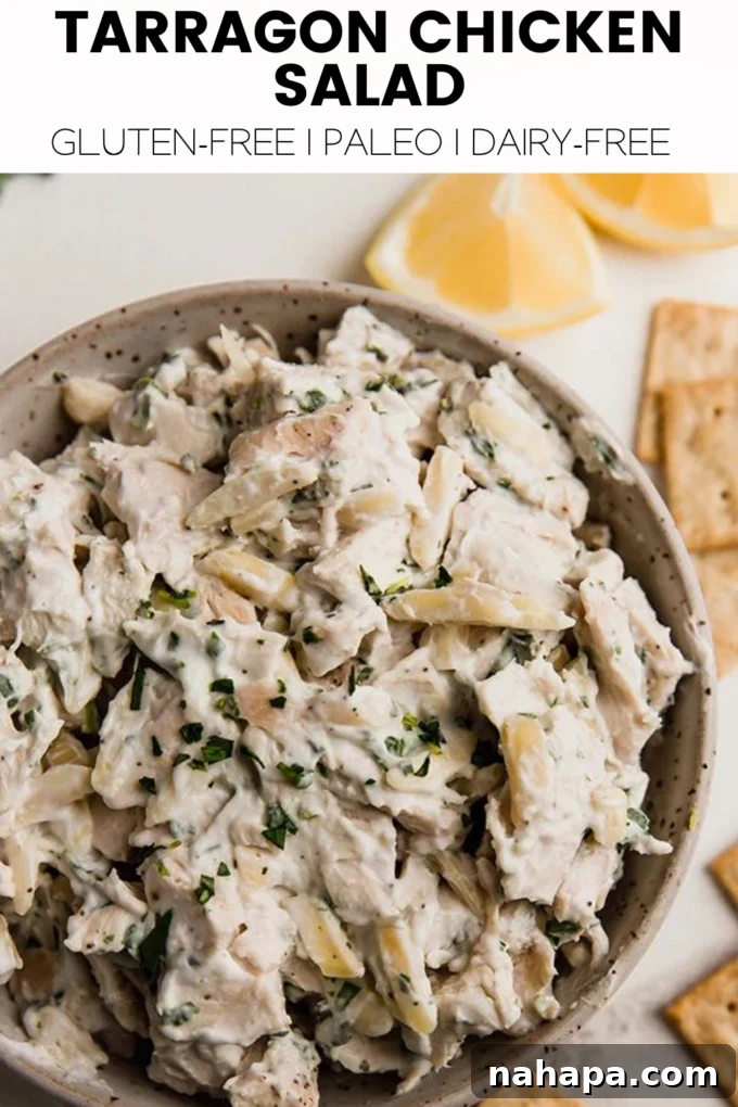 A final full spread image of Tarragon Chicken Salad, with serving suggestions like crackers and fresh herbs.
