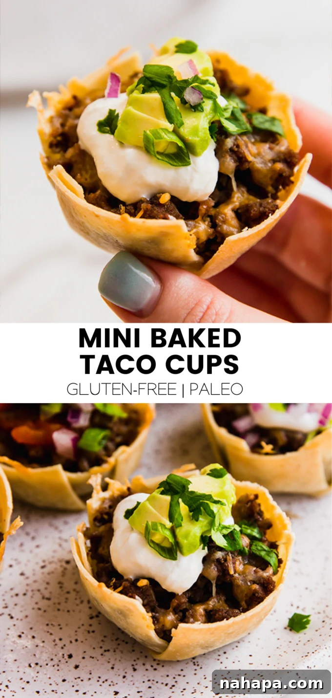 A promotional image for mini taco cups, inviting readers to try the recipe.