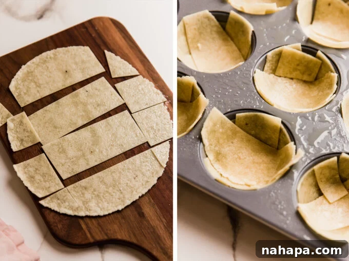 A tortilla cut up for mini taco cups, showing how to prepare the shells.