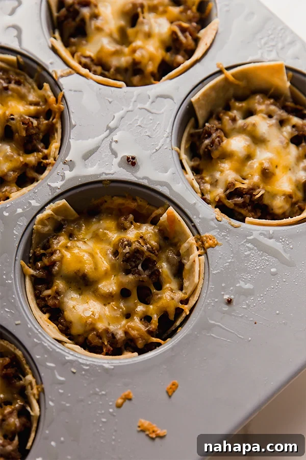 A tray of baked mini taco cups fresh out of the oven, showcasing their crispy texture.