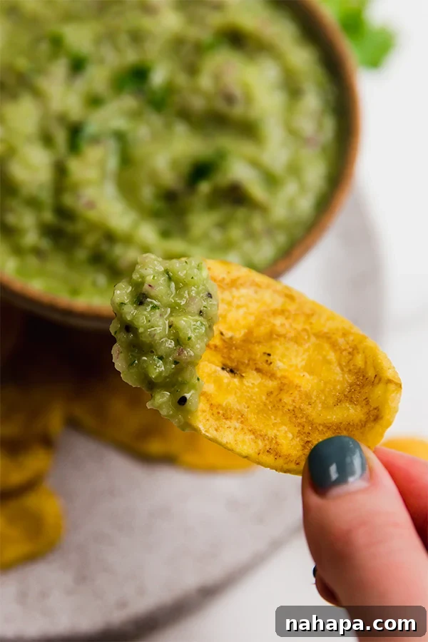 A dollop of AIP nightshade-free salsa verde served on a crisp plantain chip, ready to be enjoyed.