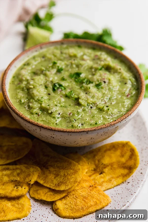 A bowl of creamy, vibrant AIP nightshade-free salsa verde surrounded by a pile of golden plantain chips.