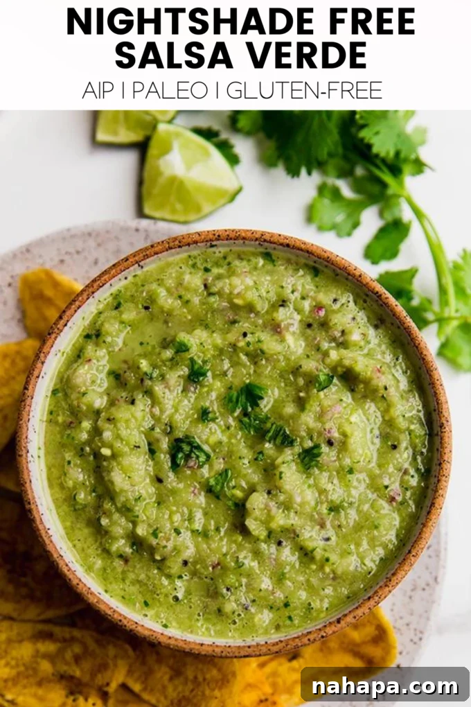 A graphic banner promoting Nightshade-Free Salsa Verde (AIP)