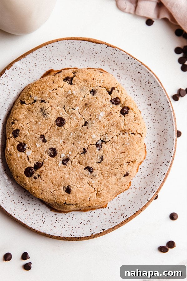 A single, perfectly baked giant chocolate chip cookie resting on a white plate, showcasing its golden edges and melted chocolate chips.