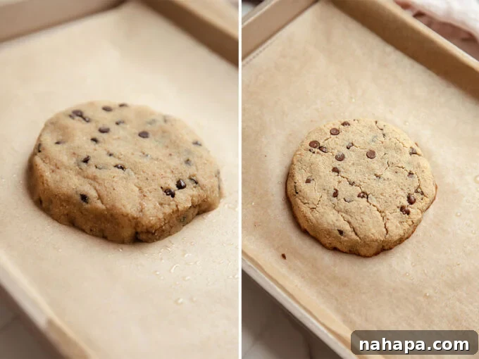 A comparison image showing the raw cookie dough on a baking sheet before and after being baked to a golden brown perfection.