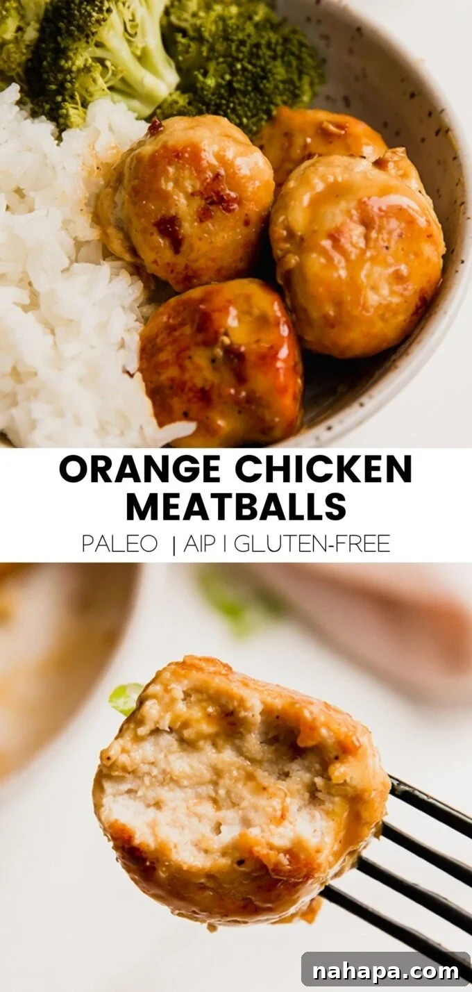 A Pinterest-optimized image promoting the Orange Chicken Meatballs recipe, featuring an appealing layout of the dish.