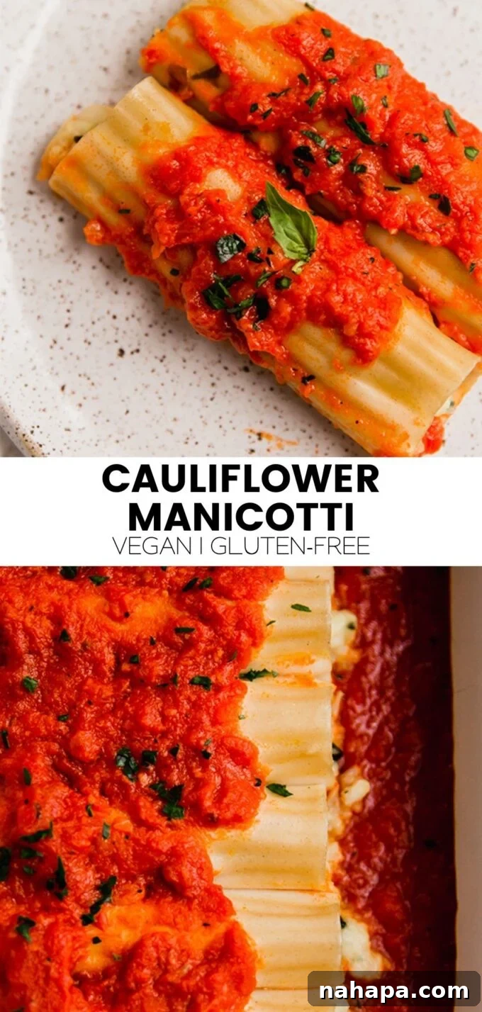 Savory Vegan Cauliflower Ricotta Manicotti Gluten Free 8 A stunning Pinterest graphic promoting the gluten-free cauliflower manicotti recipe.