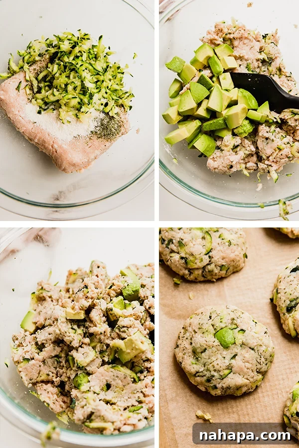 A chef meticulously forming avocado ranch chicken burgers, ensuring even distribution of avocado and a uniform patty shape, ready for grilling.