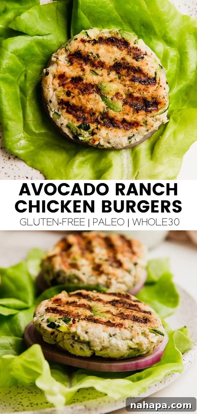 A Pinterest-optimized image featuring the delicious avocado ranch chicken burgers with text overlay, encouraging sharing and saving the recipe for healthy meal planning.