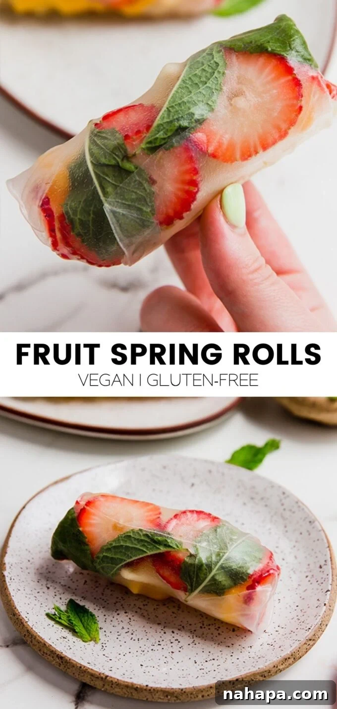 Refreshing Fruit Rice Paper Wraps with Tangy Yogurt Drizzle 8 A beautiful Pinterest graphic featuring fruit spring rolls and the zesty lime yogurt dip, inviting readers to save the recipe for later.