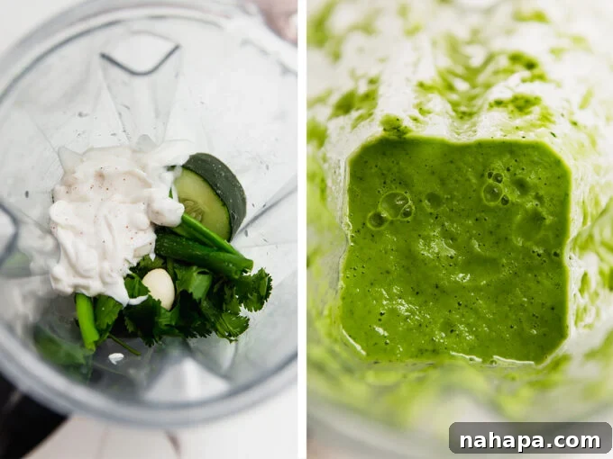 Blending the ingredients for cucumber gazpacho in a high-speed blender, showing the vibrant green mixture forming.