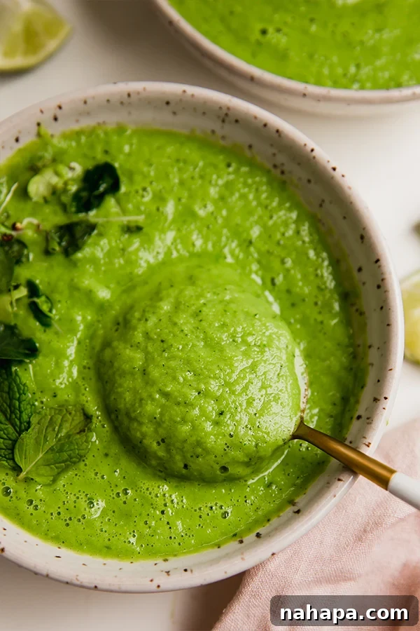 A bowl of cucumber gazpacho with a spoon in it, ready to be enjoyed as a refreshing meal.