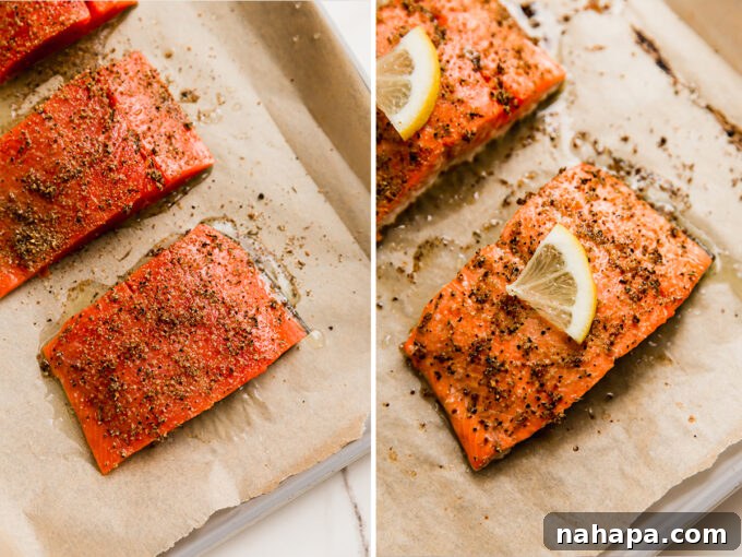 Zesty Peppered Salmon 4 A comparison image showing lemon pepper salmon fillets before and after baking on a sheet pan, highlighting the golden crust.