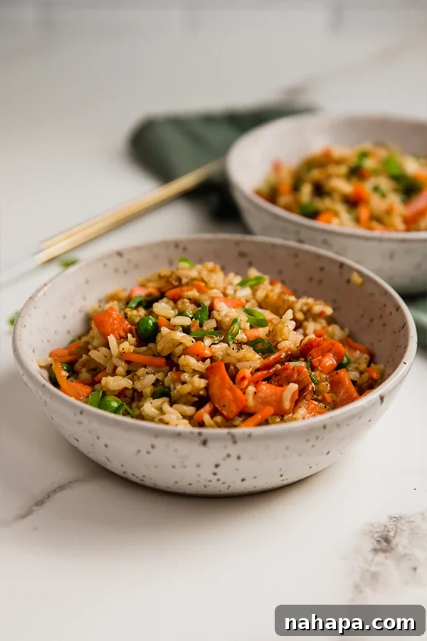 Another view of a bowl of crispy salmon fried rice with fresh green onion garnish, ready to eat.