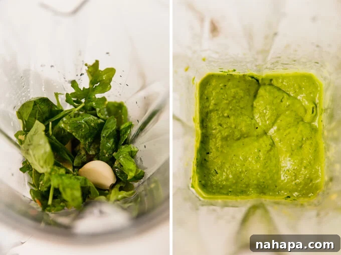 Blending avocado, arugula, basil, and other ingredients for creamy pesto.